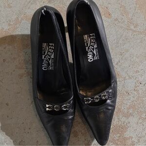 Salvatore Ferragamo Pointed Black Leather Heels with Silver Details